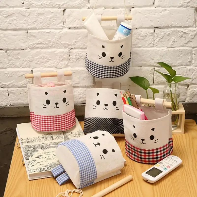 Thuis Keuken Deur Muuropknoping Organisator Zak Tas Diversen Opslaghouder Kat Decor Katoen Vlas Wandzakje met Lanyard