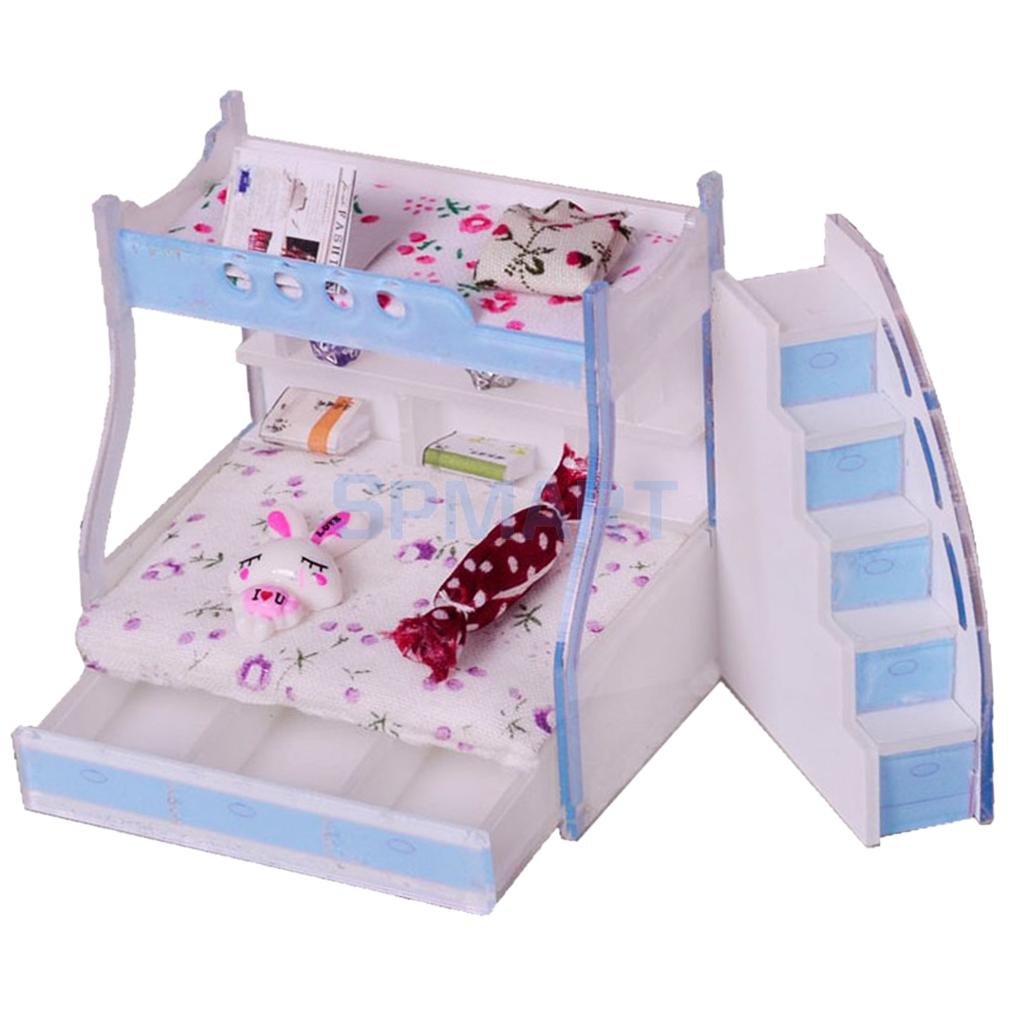 1/12 Miniatura casa delle bambole per Bambini telecamera Da Letto Mobili Letto A Castello Letto a castello con Accessori Cielo Blu di colore