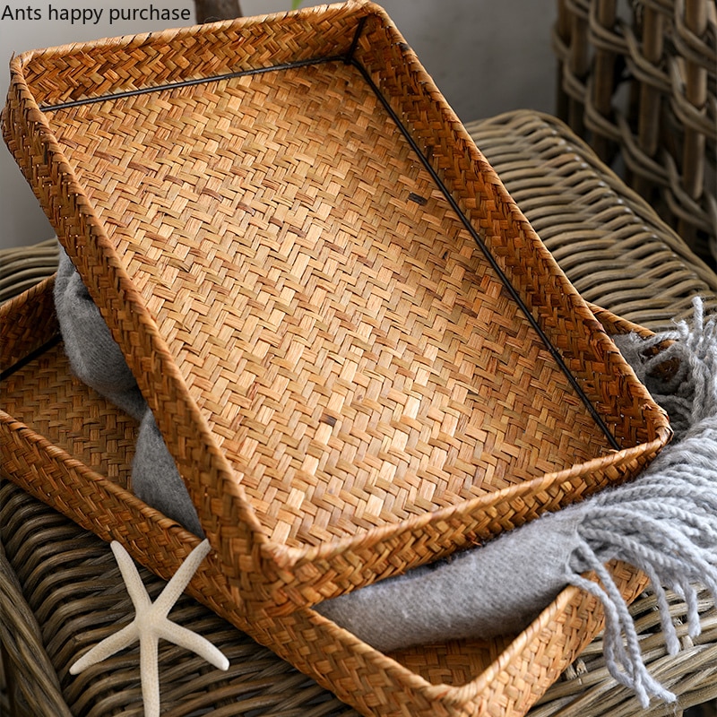 Straw Storage Box with Lid Rectangular Household Living Room Retro Sundries Woven Storage Basket Bedroom Clothing Storages Box