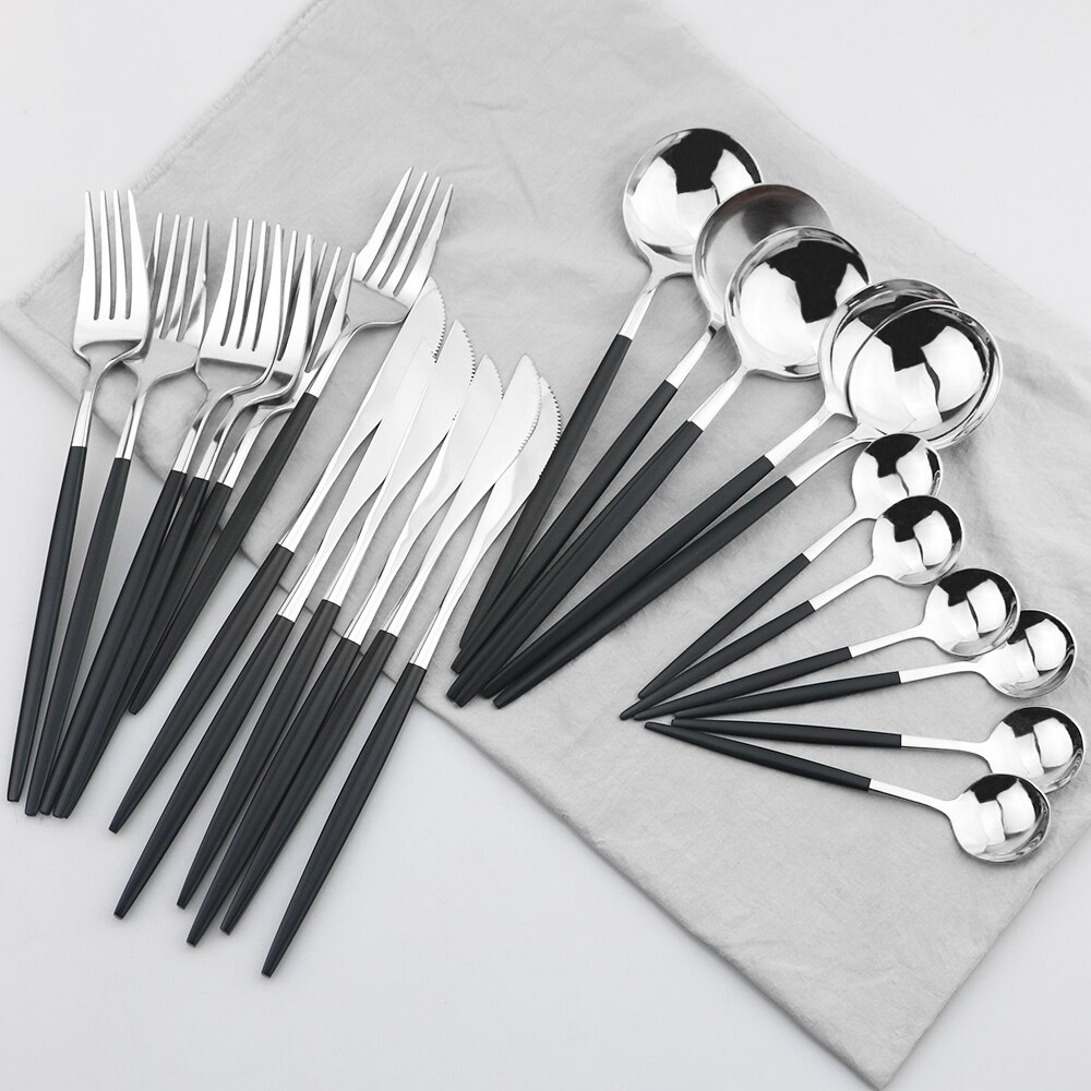 24Pcs Green Silver Cutlery Set Stainless Steel Dinnerware Set Knives Forks Spoon Dinner Tableware Set Kitchen Party Flatware Set