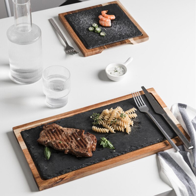 Solid Wood Tray Black Solid Wood Western Food Plate Rock Plate Acacia Wood Plate Western Food Japanese Food Plate Snack Dessert