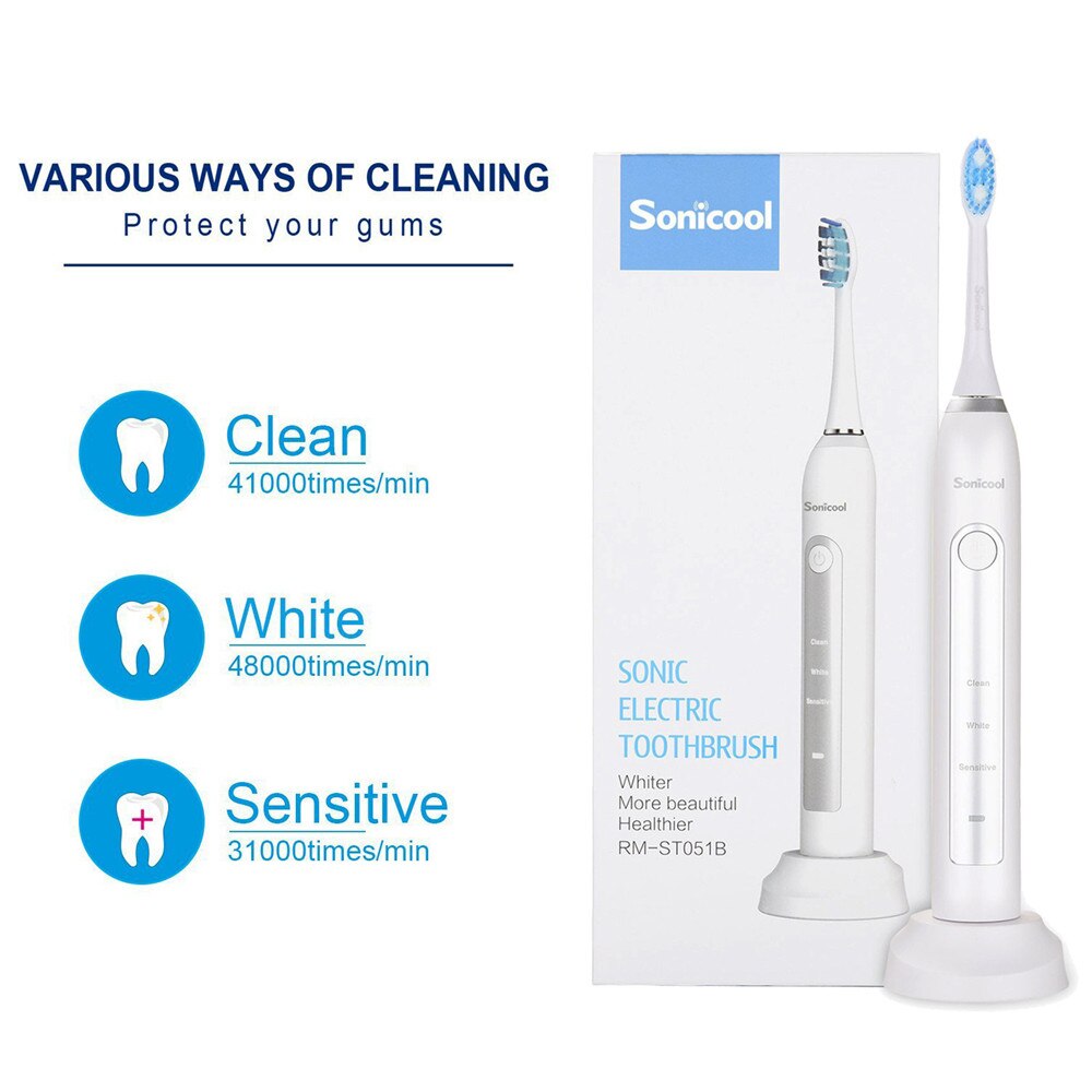 Sonicool 051B Electric Toothbrush Sonic USB Rechargeable Ultrasonic Three Modes Tooth Brushes With 4 Pcs DuPont Brush Heads