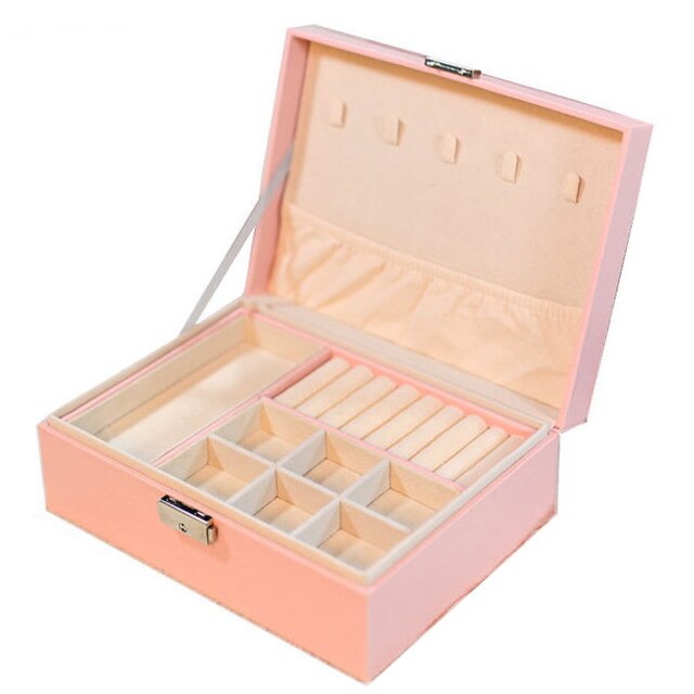 Caja de joyería de cuero PU para mujer, caja de almacenamiento, pendientes, pulsera, collar, anillo, caja expositora, organizador de joyería portátil de doble capa: Pink