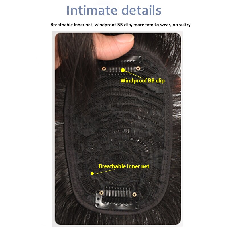 LANLAN-Peluca de cabello blanco con flequillo, pieza de cabello natural negro/marrón oscuro, parte superior fina e invisible, 3D