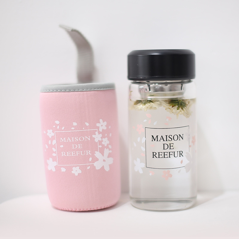 Cherry Blossom Glas Cup Met Doek Cover Bloem Thee Transparante Cup 020 Y: black
