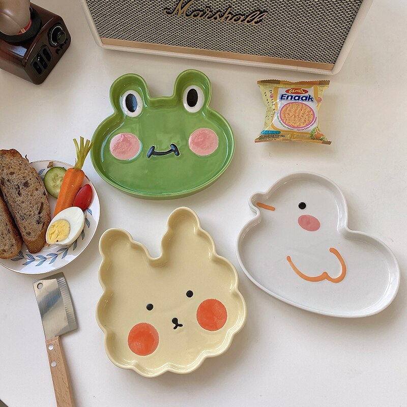 Cute Animal Ceramic Plate Breakfast Beef Dishes Cartoon Rabbit Frog Dessert Dish Fruit Snack Plate Animal Dish Dinnerware Set