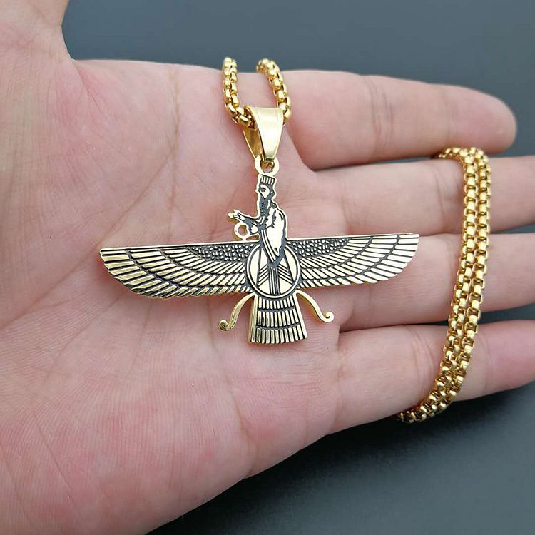 Guldfarve hip hop faravahar ahura mazda vedhæng halskæder mandlige vintage zoroastrianisme halskæde smykker 316l rustfrit stål mænd