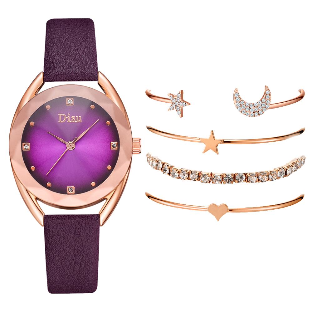 Set leren horlogebanden voor dames, casual dameshorloge met gradiënt wijzerplaat en armbandhorlogeset: Paars 5 stuks set