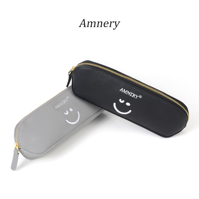 Amnery Leren Pennen etui - Hand Geborduurd Smiley Rits Potlood Tas