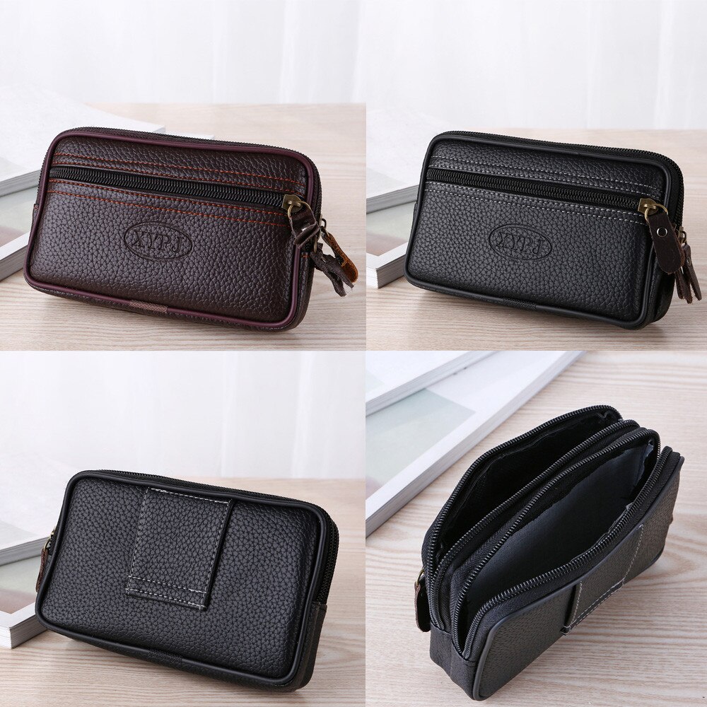 Heren vintage effen leren clutch mobiele telefoon portemonnee zwart