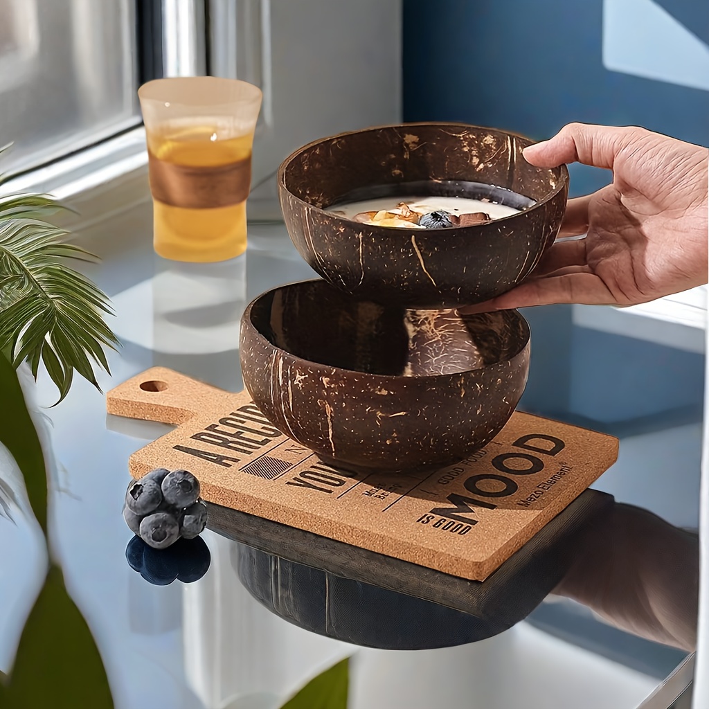 1/2/4 juegos de cuencos de cáscara de coco con cucharas, contenedor de postre de arroz, fruta, yogur, ensalada, vajilla de madera para el hogar y la cocina