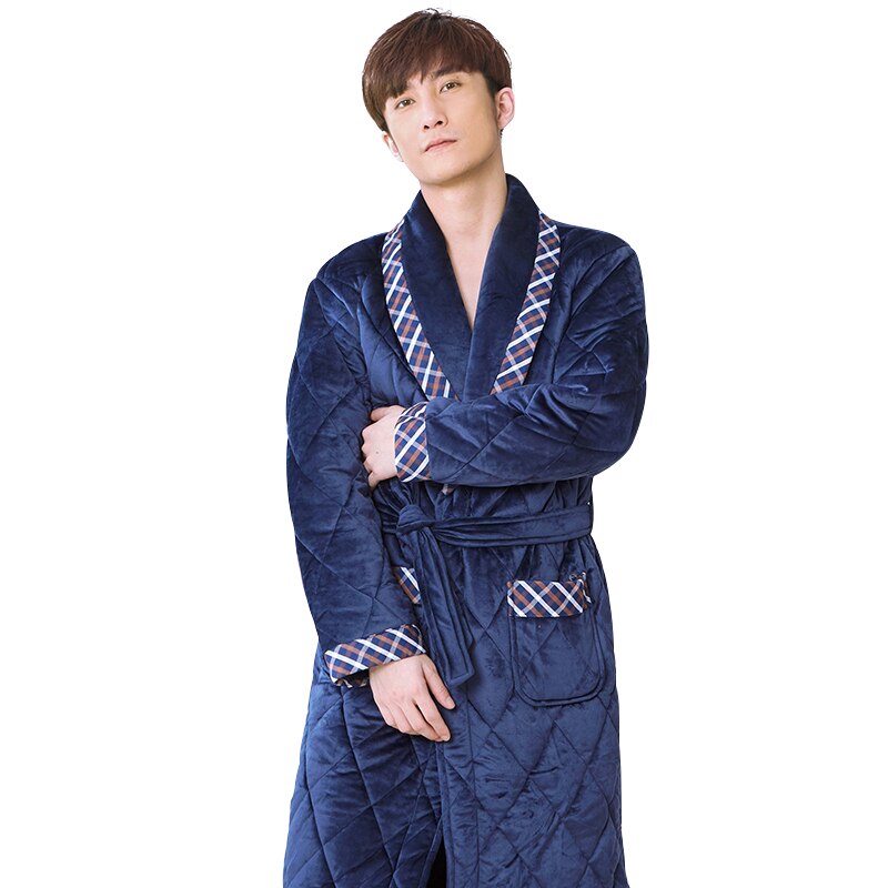 Plus Size Xxxl Kimono Stiksels Plaid Badjassen Mannelijke Dikke 3 Lagen Winter Gewatteerde Badjas Dikke Flanellen Badjas Pijamas Hombre