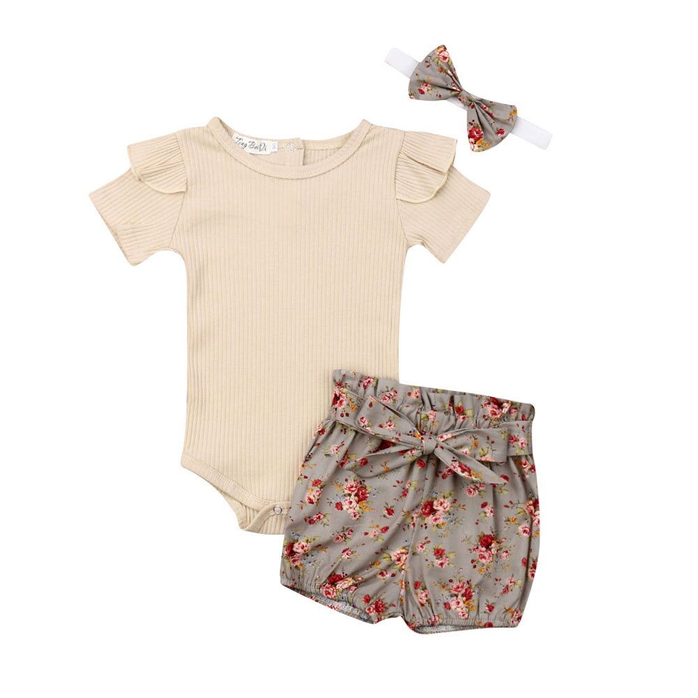 Baby Zomer Kleding Pasgeboren Baby Baby Meisje Jongens Kleding Sets Solid Geribbelde Romper + Bloemen Pp Shorts + Hoofdband 3Pcs Outfit: Beige / 12m