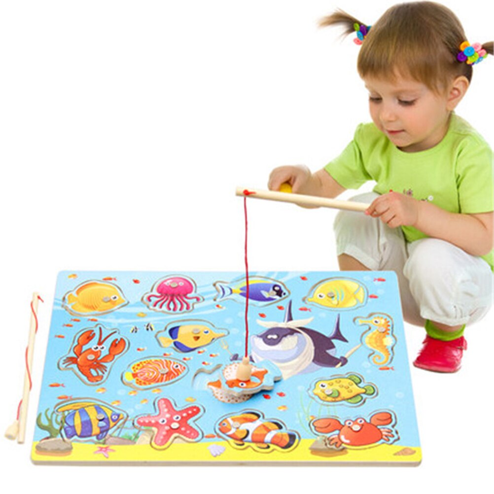 Baby Educational Toys Magnetic Wooden Puzzles Game Fishing Toys With 14 Fishes And 2 Magnetic Poles Learning Educational Toys