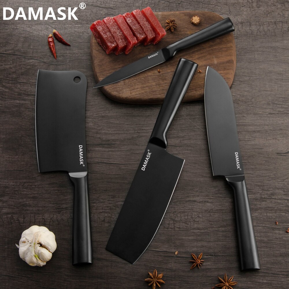 damask kokk kjøkkenkniv rustfritt stål kniv santoku hakking nakiri verktøy kjøttøks ikke-pinne svart matlaging tilbehør
