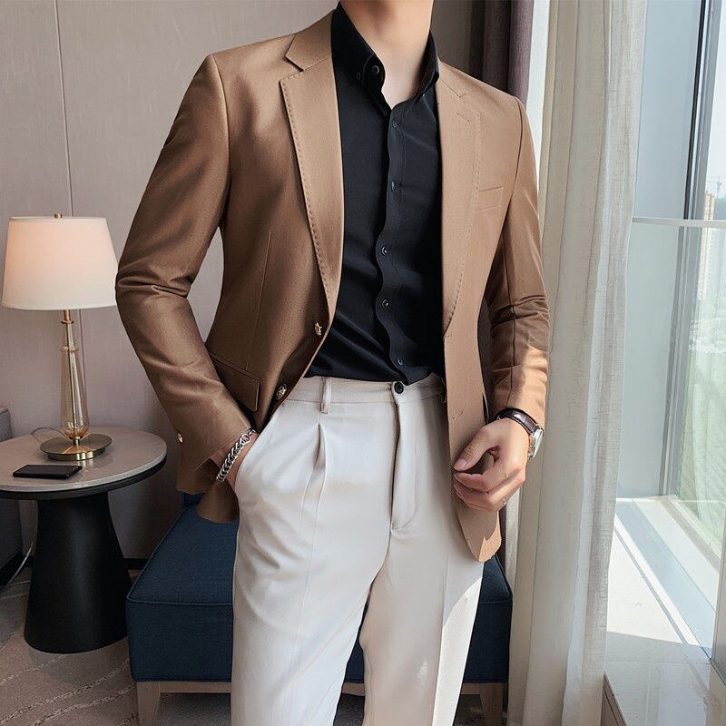 Mens Slim Fit Blazer Business Casual Blazer Suit Jacket Spring Luxury Social Club Outfits Clothers Terno Masculino: Khaki / Korean 3XL