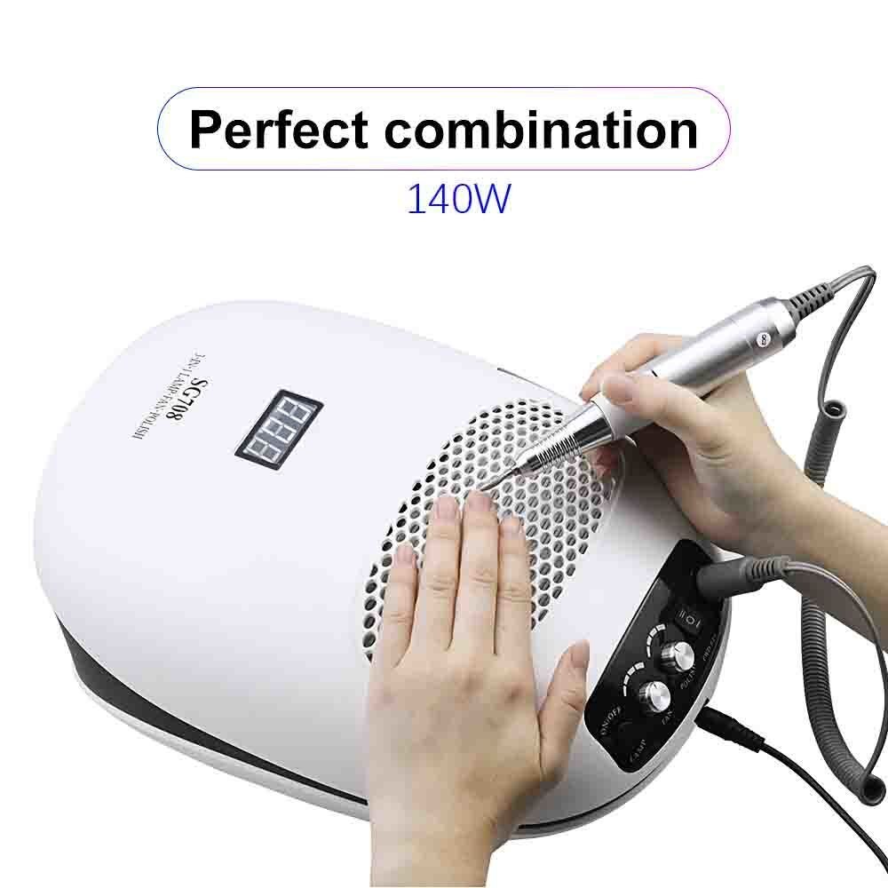 Taladro de uñas 3 en 1 de 140W, máquina de manicura, aspirador de polvo de uñas y ventilador Extractor de lámpara UV para herramienta de manicura, colector de polvo
