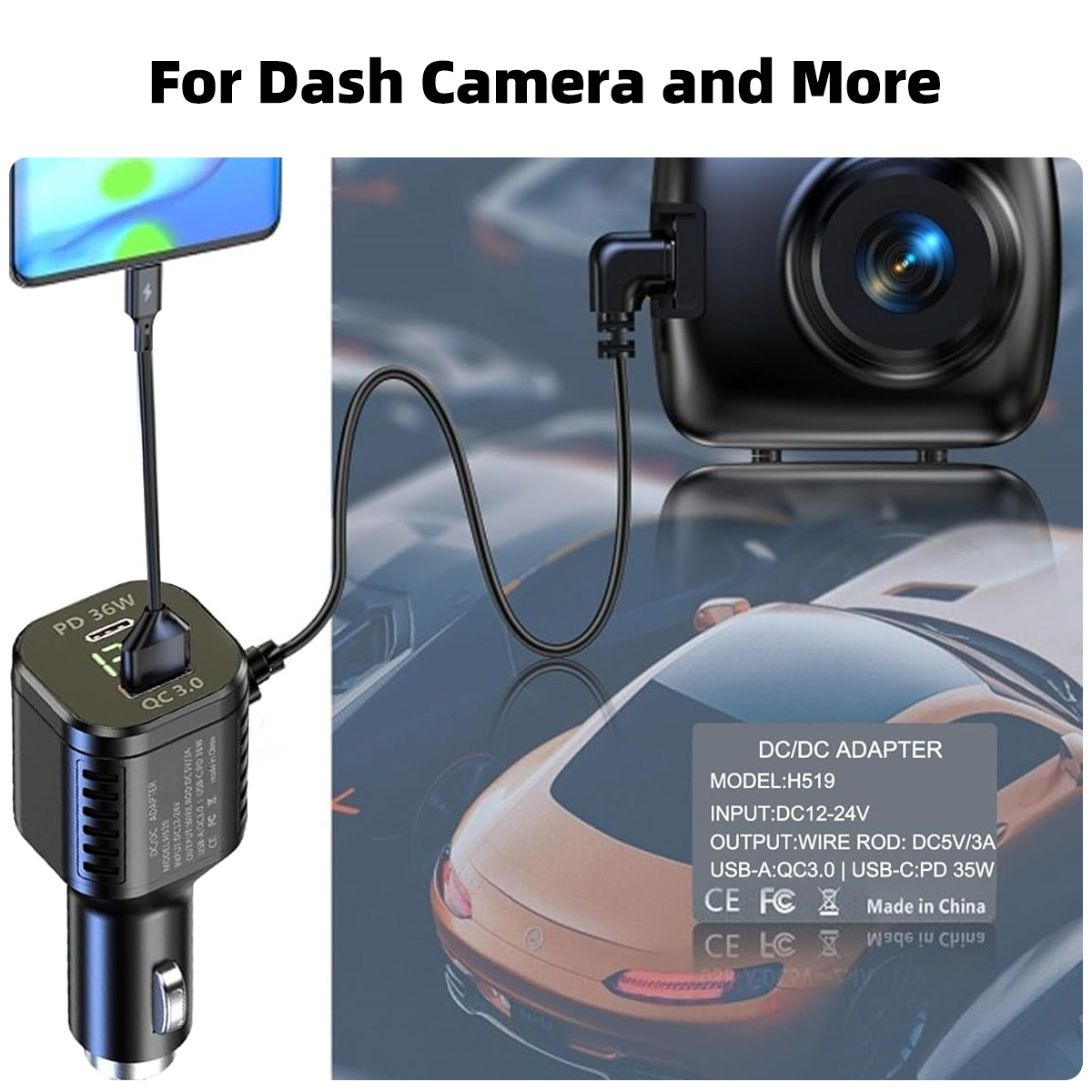 3m type c dashcamkabels, 5v snellaadkabels 2a usb-c voedingskabels voor auto-dvr-camera's, gps-recorders, lange kabeladapter, oplader