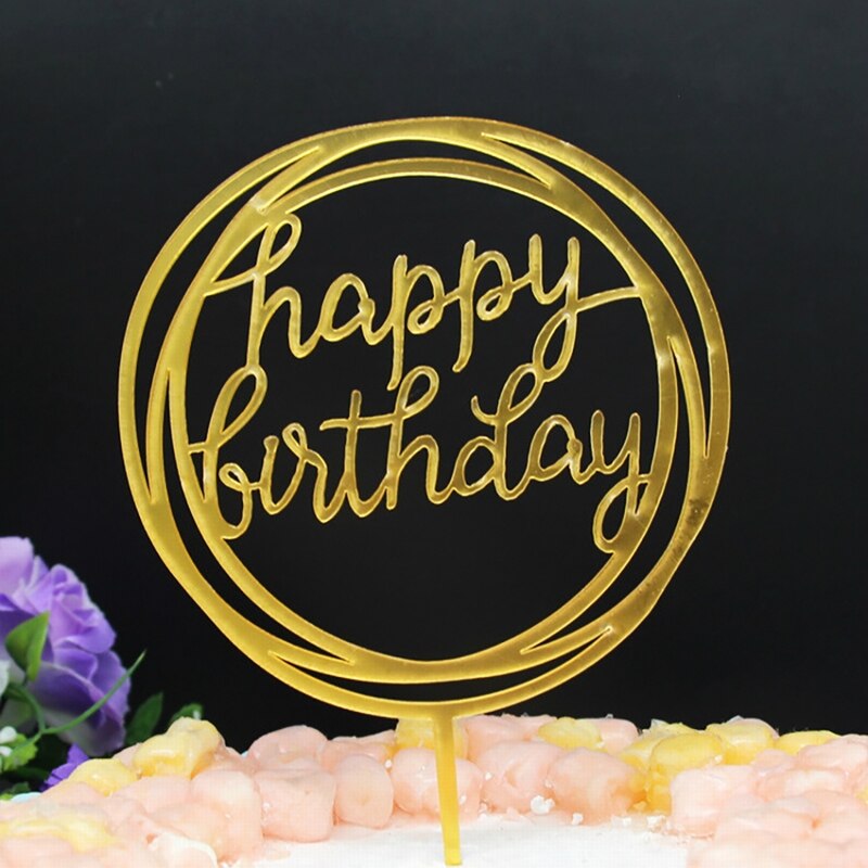 Happy birthday love flag cake topper van acryl met gouden en zilveren letters. decoratie voor een verjaardagsfeest of bruiloft.: G201140