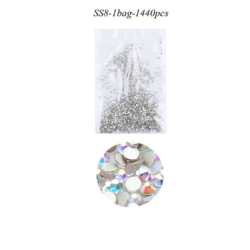 Swarovski – strass en verre à dos plat pour ongles, 1440 pièces, tailles mixtes SS4-SS50, pierres de décoration AB claires pour Nail Art, accessoires de manucure: SS8  1440Pcs