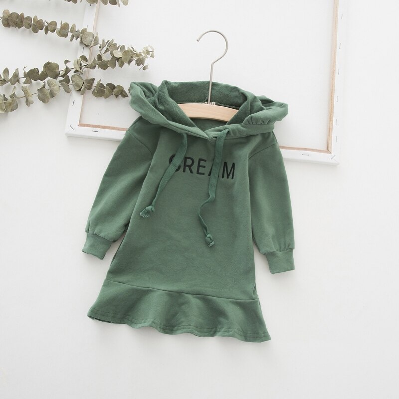 6New Autumn 1-7T Baby Girl Clothes Lovely Toddler Girl Dress Casual Long Sleeve Letter Printing Hoodie Kids Hooded Dress: Green / 5T