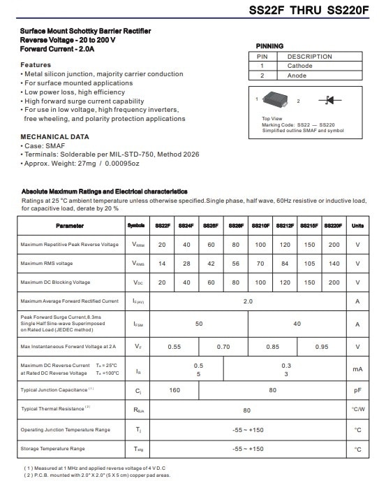 50PCS SMAF DO-214AD 2A 20V 40V 60V 80V 100V 120V 150V 200V SS22F SS24F SS26F SS28F SS210F SS212F SS215F SS220F