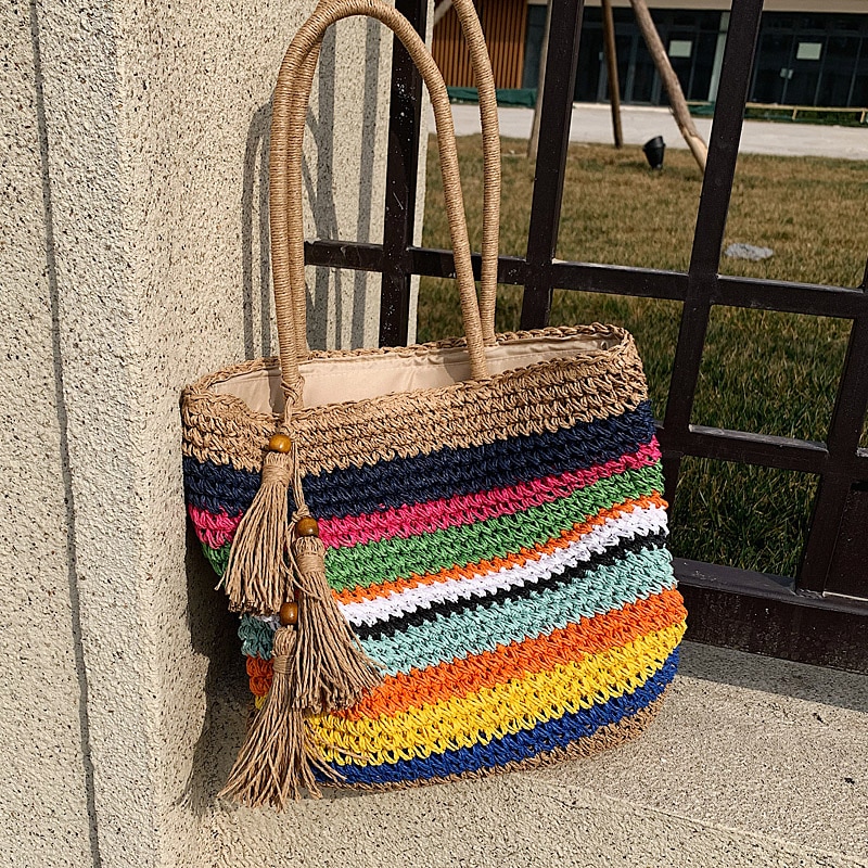 Contrast color Straw Tote bag Summer Women's Handbag High capacity Shopping Shoulder bag Beach Travel bag