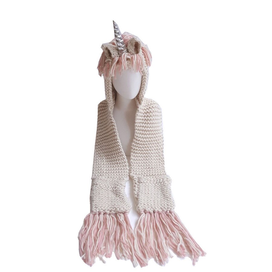 Kids Girls Rainbow Unicorn Soft Skullies Beanies Hats Shawl Scarf Set With Two Pockets Warm Knitted Bonnet Cap Christmas: Silver / M