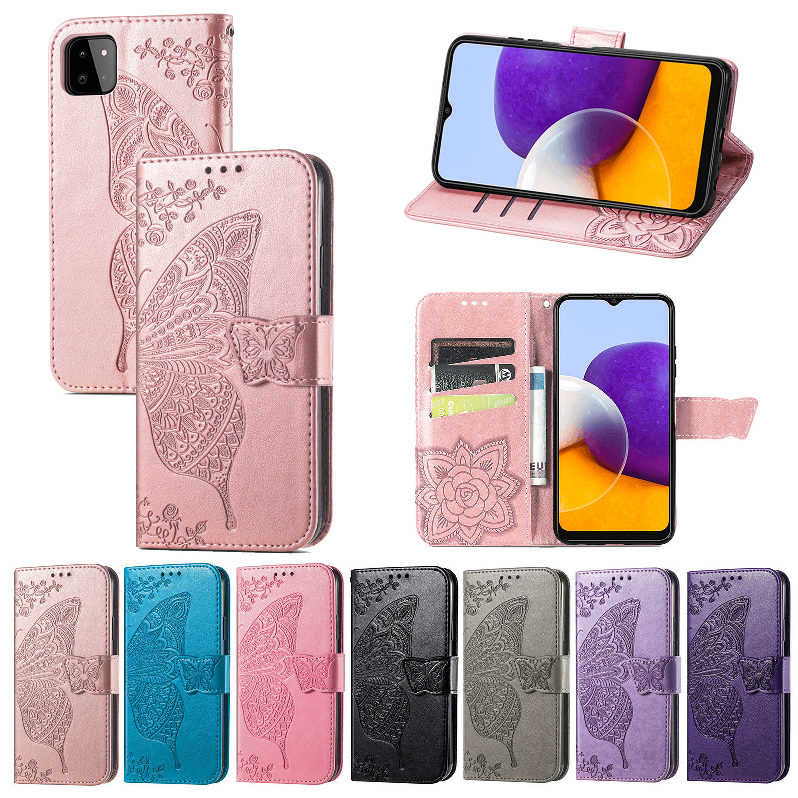 Luxe Vlinder Flip Case Voor Samsung Galaxy A22 5G A225G A22 Een 22 5G Zachte Siliconen Slot cover Wallet Leather Cases