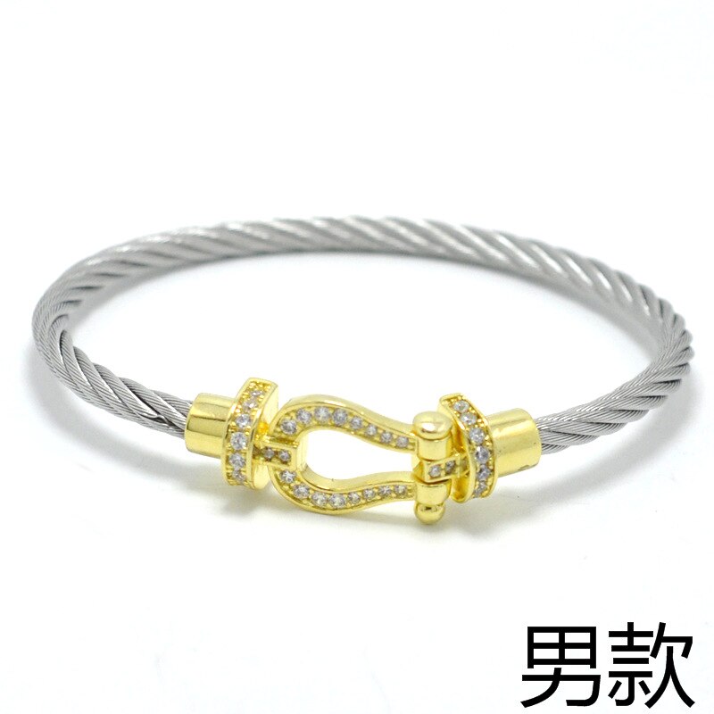 Titanium Steel Wire Rope Magnetic Buckle-encrusted Zircon Bracelet: Silver Gold Men