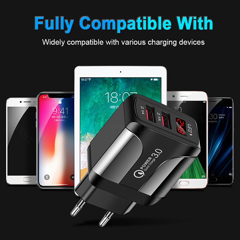 Usb lader med ledet vise dobbel usb havn 2.4a hurtiglading til iphone 8 lader adapter mobiltelefon ladere til samsung  s10