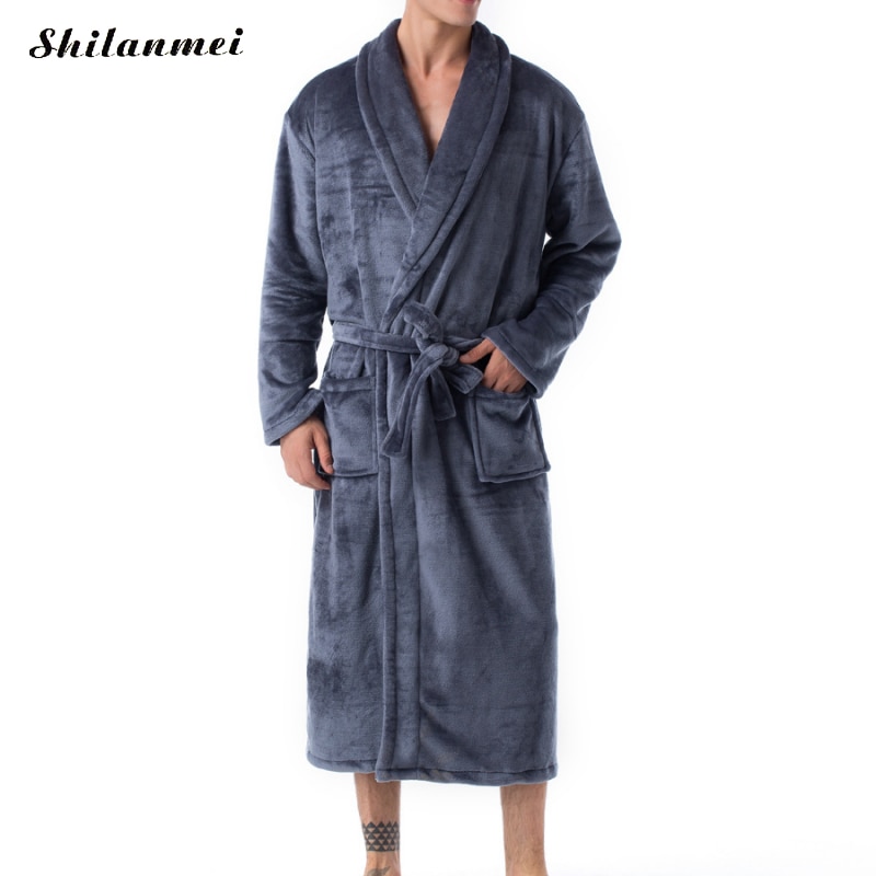 Afslappet mandlig morgenkåbe herre badekåber langærmet revers krave herre flannel morgenkåbe med bælte plys kimono varm mandlig badekåbe frakke