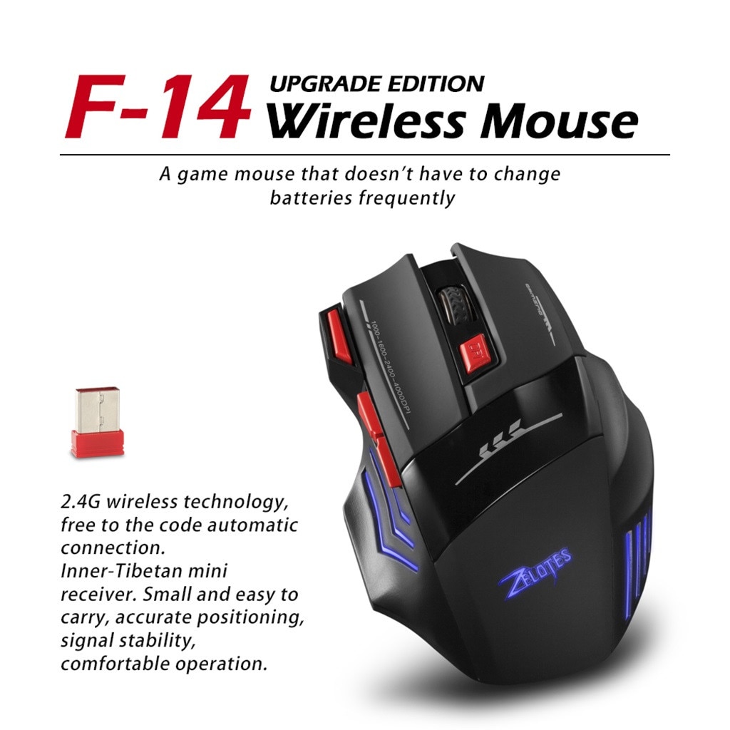 Zelotes 2.4G di Ricarica Gaming Mouse USB Ricevitore 30 Metri Senza Fili di Collegamento 250Hz / 500Hz Finestre 2000 / ME Mac OS