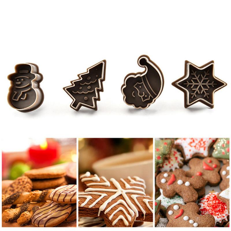 4 stuks Stempel Cookie Mold 3D Cookie Plunger Bestek Pastry Decoratie DIY Voedsel Fondant Bakvorm Tool Kerstboom Sneeuwpop