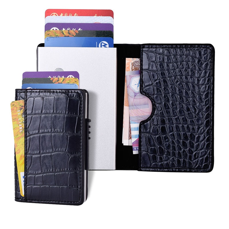 RFID Credit Card Box Case Aluminium+Leather Card Holder Wallet Manual Slider Anti-Scan Card Cover Men Women