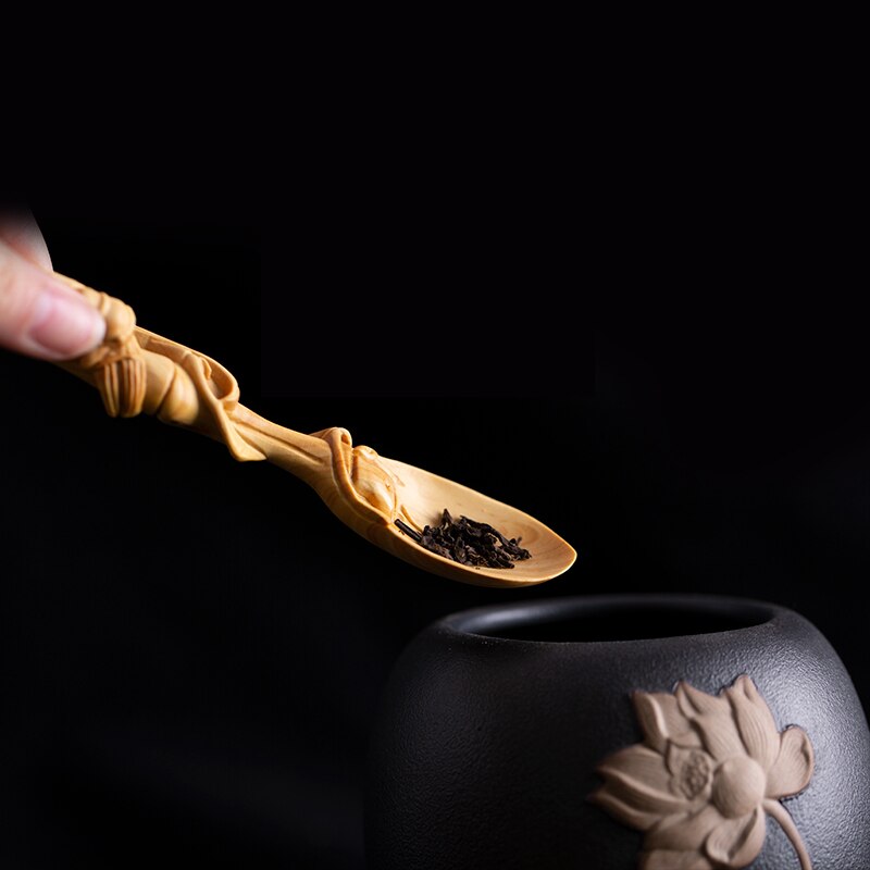 Cuchara de té Zen chino, pala de té, cuchara de té de Ceremonia de té de Kung Fu, mango de colección, estatua de madera, tallado de boj, decoración del hogar