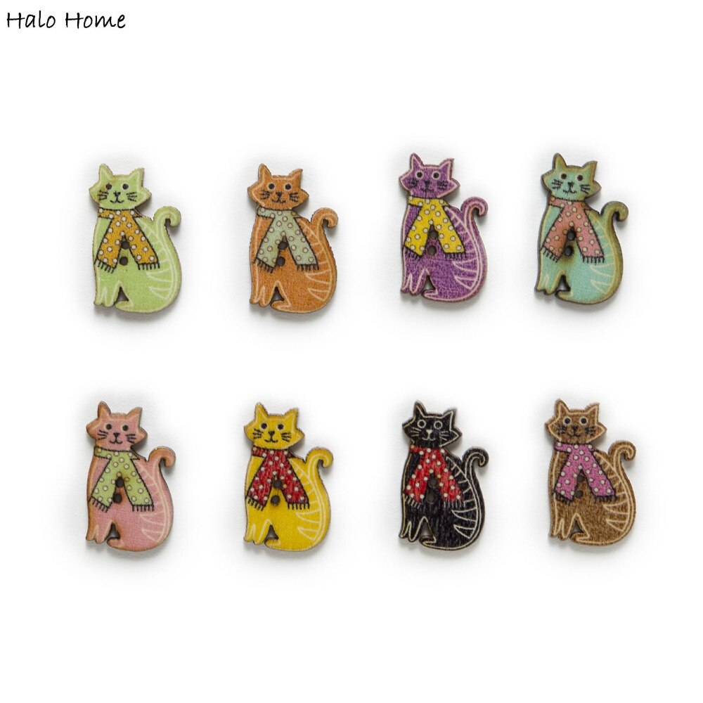 50 stücke Gemischten Stil Katze Holz Tasten Nähen Scrapbooking Heimat Kleidung DIY Machen Handarbeit Dekor Karikatur Dekorative 30x19mm