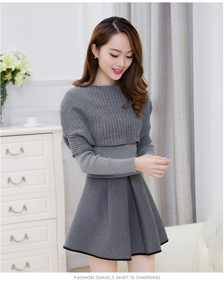 Autumn Winter Women Dress Long Sleeve O-Neck Solid Two Pieces Knitted Sweater Dresses Big Size OL Vestidos 1010: W001010 gray / XL