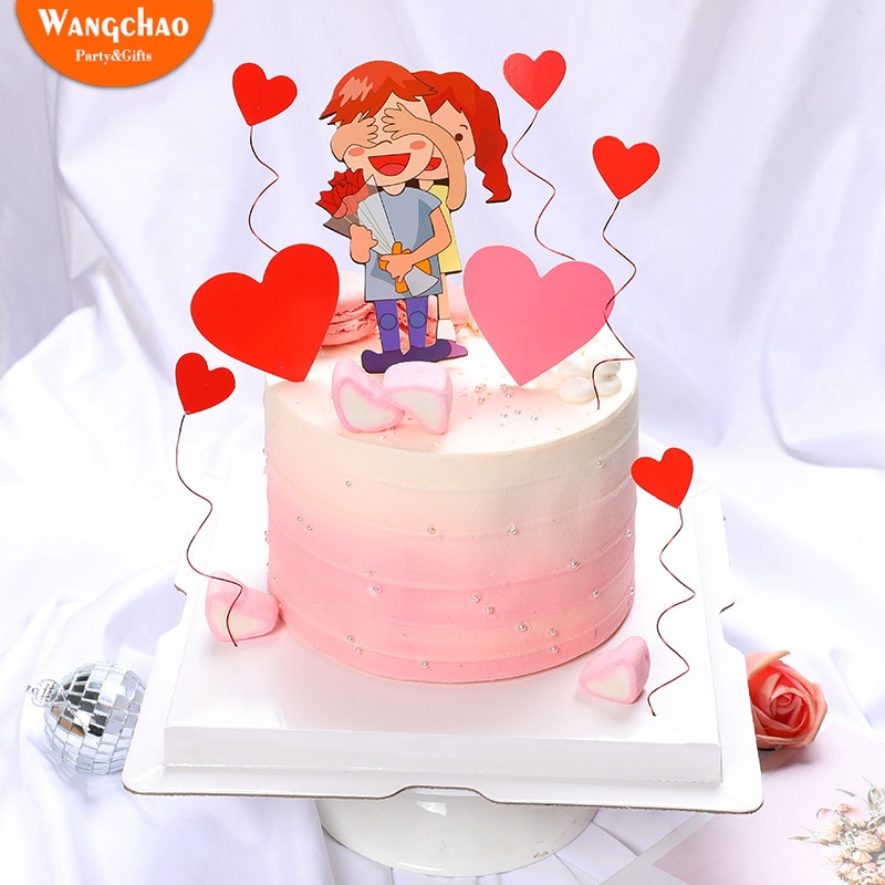 Romantic Love Heart Shaped Lovers Cake Topper Valentine's Day Theme Wedding Anniversary Cake Decoration Party Supplies
