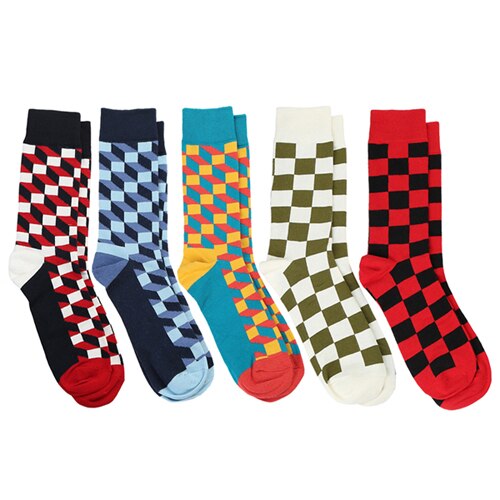 5 paar/partij Gekamd Katoen Heren Sokken Gelukkig Compressie Sokken Kleurrijke Diamant Grappig Jurk Sokken Mannen Big Size 39-46: Mixed 5 colors