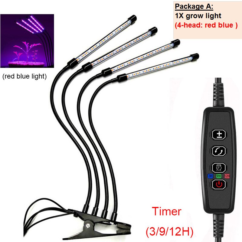 Luces LED para cultivo de plantas, iluminación con temporizador USB de 2/3/4 cabezales, adaptador de 5V para invernadero de interior, cultivo de flores, lámpara Phyto growbox: A package 4 head