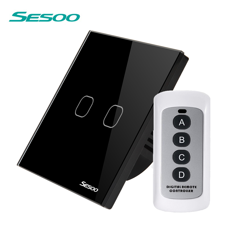 SESOO Smart Touch Switch 2 Gang 1 Way SY2-02 Remote Control Switches Waterproof Glass Panel Sensitive Touch Wall Switch: SY2-02-RFL Black