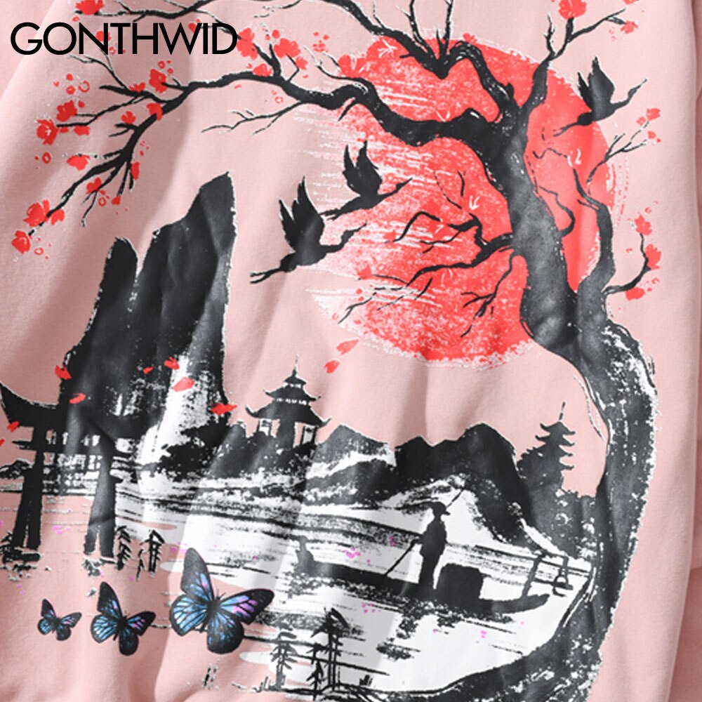 Gonthwid Hoodies Streetwear Hip Hop Chinese Stijl Landschap Vlinder Print Hoody Mannen Harajuku Casual Pullover Tops