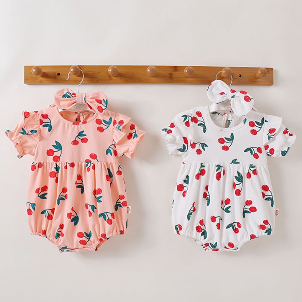 Body de manga corta con estampado de cereza para bebé, Pelele de princesa fruncido, mono con Estampado de cereza, diadema estampada, mamelucos para niño