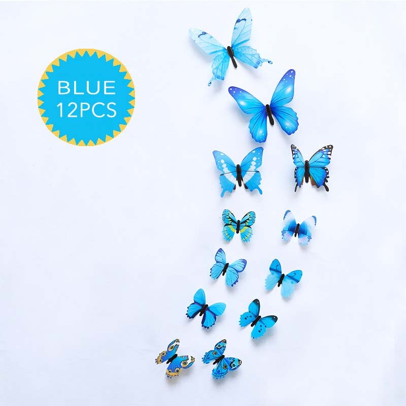 12 pièces lumineux 3D papillon Stickers muraux décor à la maison bricolage lueur dans le noir autocollant autocollant pour enfants chambre décoration de fête de mariage: Blue
