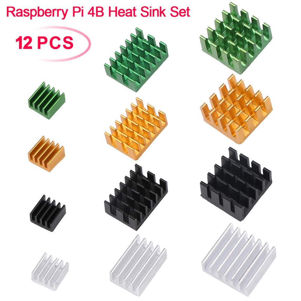 12 piezas Raspberry Pi 4B disipador de calor conjunto kit enfriador de radiador de aluminio Raspberry Pi 4B para Raspberry Pi 4B (3 negro/3 plateado/