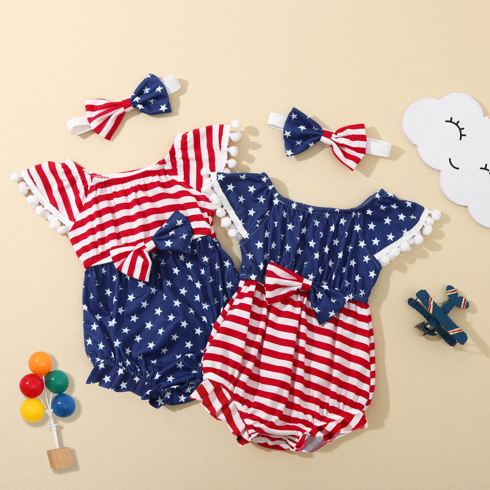 Vêtements pour bébés filles et garçons, body imprimé étoiles et rayures avec nœud à pompon