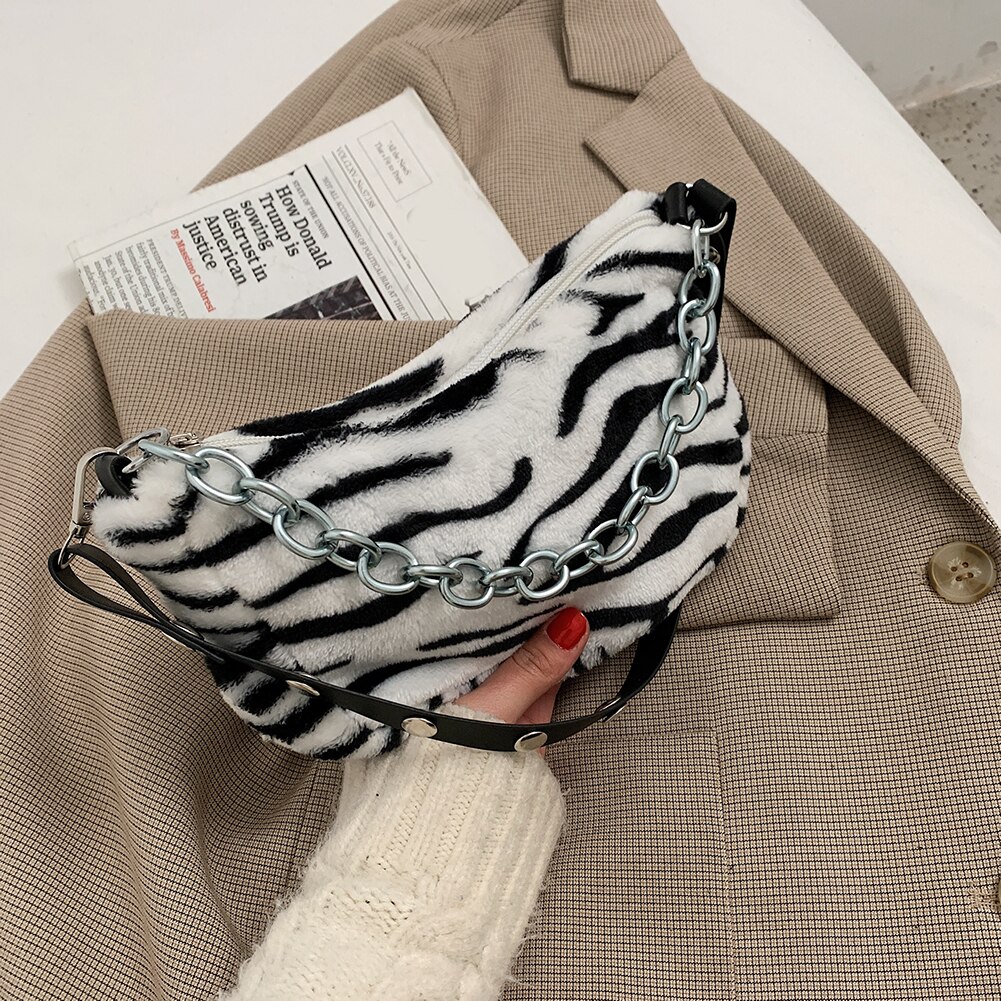 hiver vache imprimer sacs à bandoulière pour femmes doux en peluche sac à main femme chaîne sac bandoulière fourrure moelleux sac sac femme: Zebra Type C