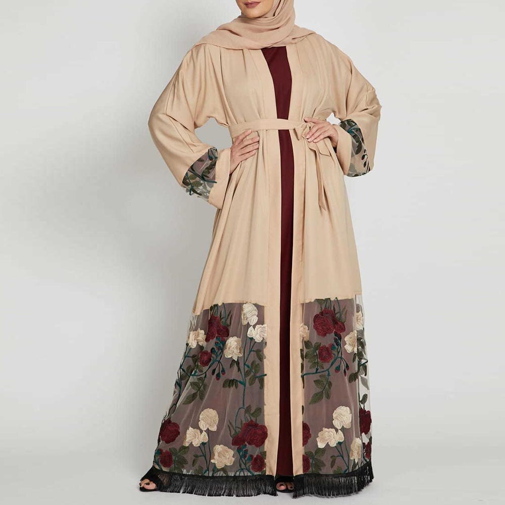 Midden-oosten ramadan kimono borduurwerk arabische cardigan kaftan islamitische kleding moslim vrouwen jurken open abaya dubai: Beige / S(52)