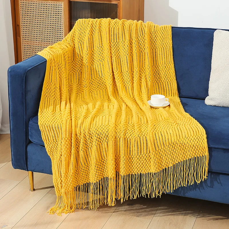 Knitted Blanket Casual Air Conditioned Office Padded Vintage Nap Bed Foot Travel Blanket: Yellow